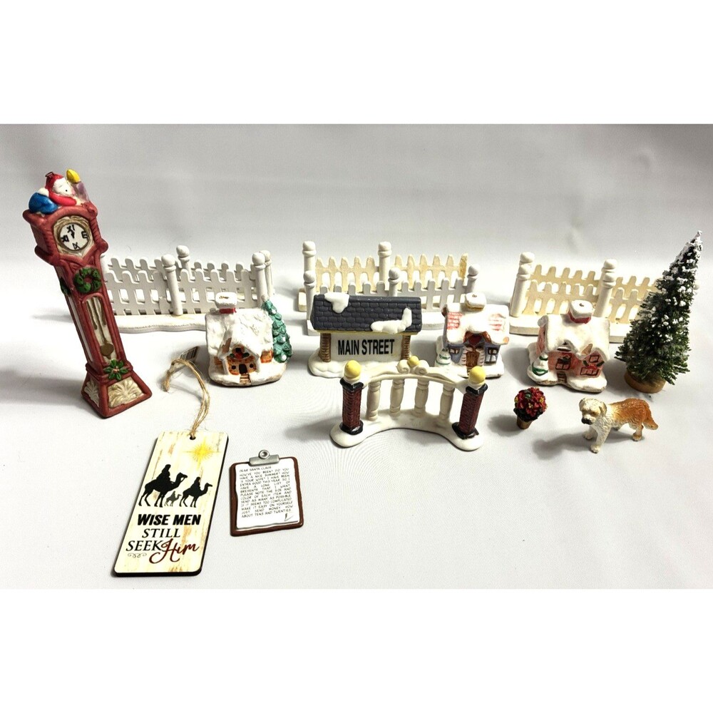 Vintage Christmas Village Accessories Figure Tree Fence Clock Lot of 17